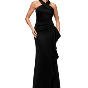 Vestido tubo de crepé de buceo con cuello halter y volantes laterales