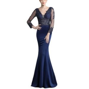 Vestido de mujer con cuentas, manga corta y transparencias en azul francés