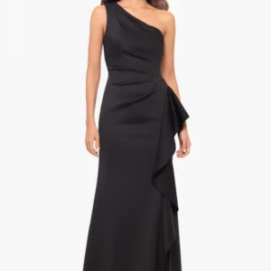 Vestido largo "Flo" de tejido técnico de buceo con un solo hombro y volantes