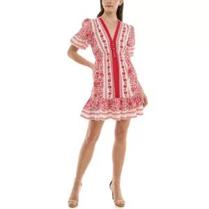 Vestido mini con escote en V y mangas abullonadas Taylor para mujer