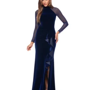 Vestido de terciopelo azul marino con mangas transparentes y abertura en la pierna para mujer