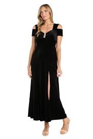 Vestido largo de terciopelo elástico R&M Richards con mangas cortas, cintura imperio ceñida y ribete de diamantes de imitación